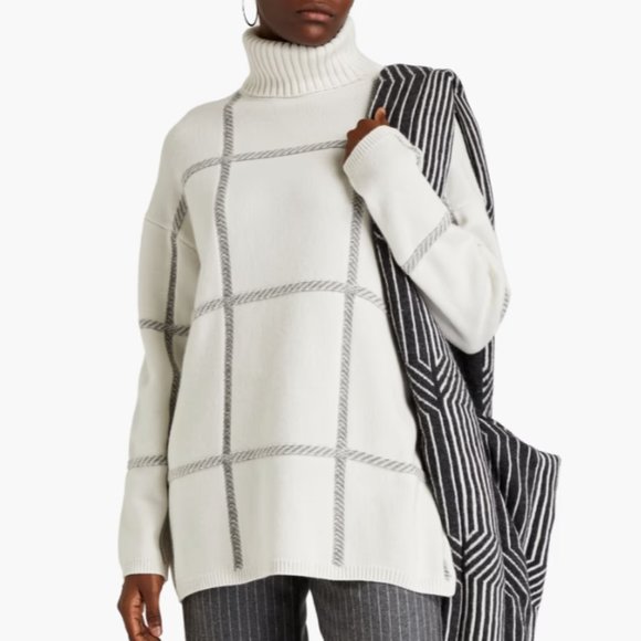 JOSEPH - NEW -nwot cream white ivory windowpane turtleneck wool sweater sz large - Picture 1 of 7